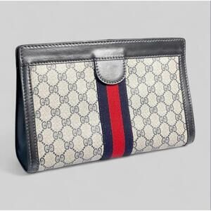 GUCCI Vintage Sherry Line Clutch Monogram GG Web Navy trim